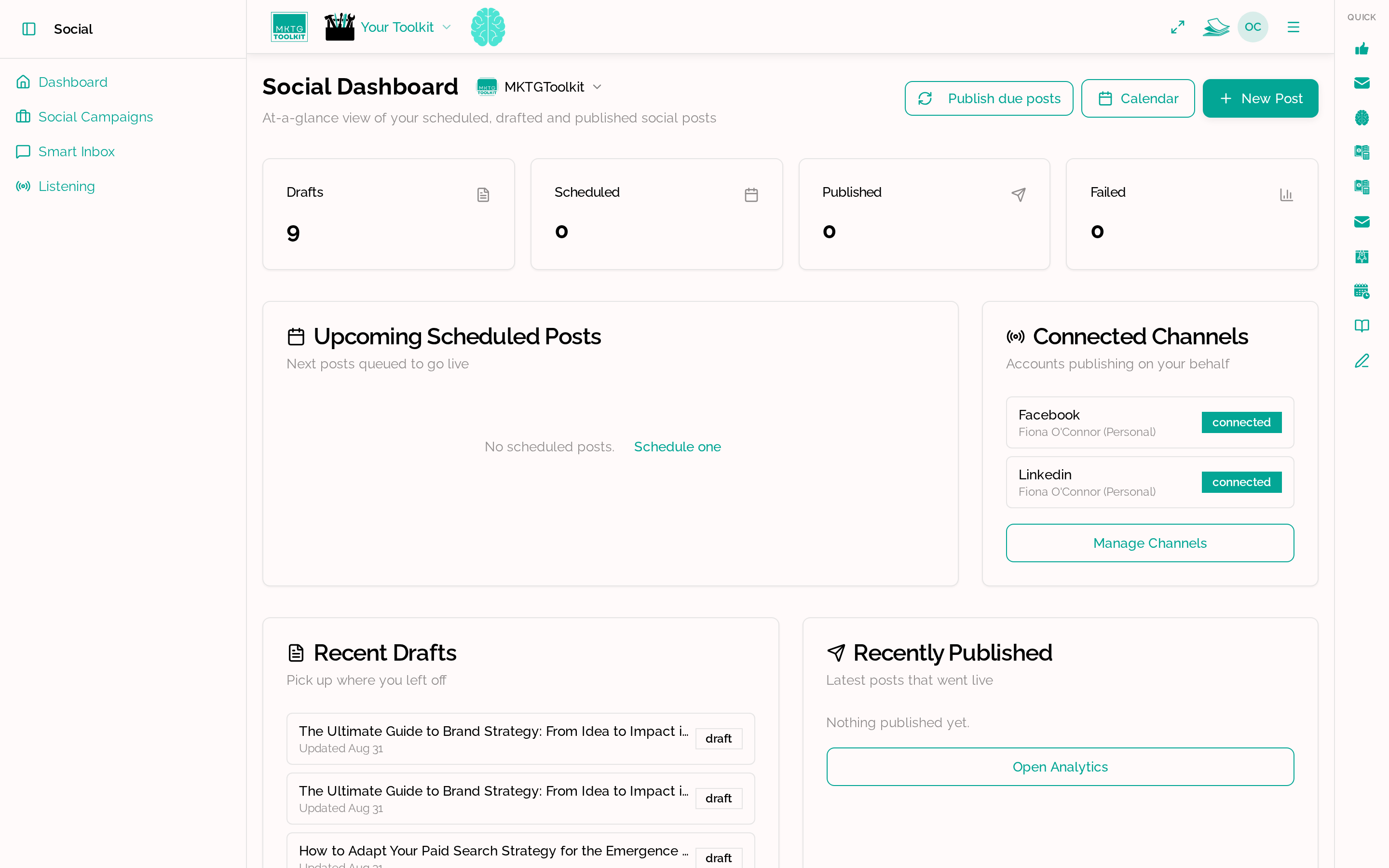 MKTGToolkit Social dashboard showing draft, scheduled, published and failed post counts alongside connected Facebook and LinkedIn channels