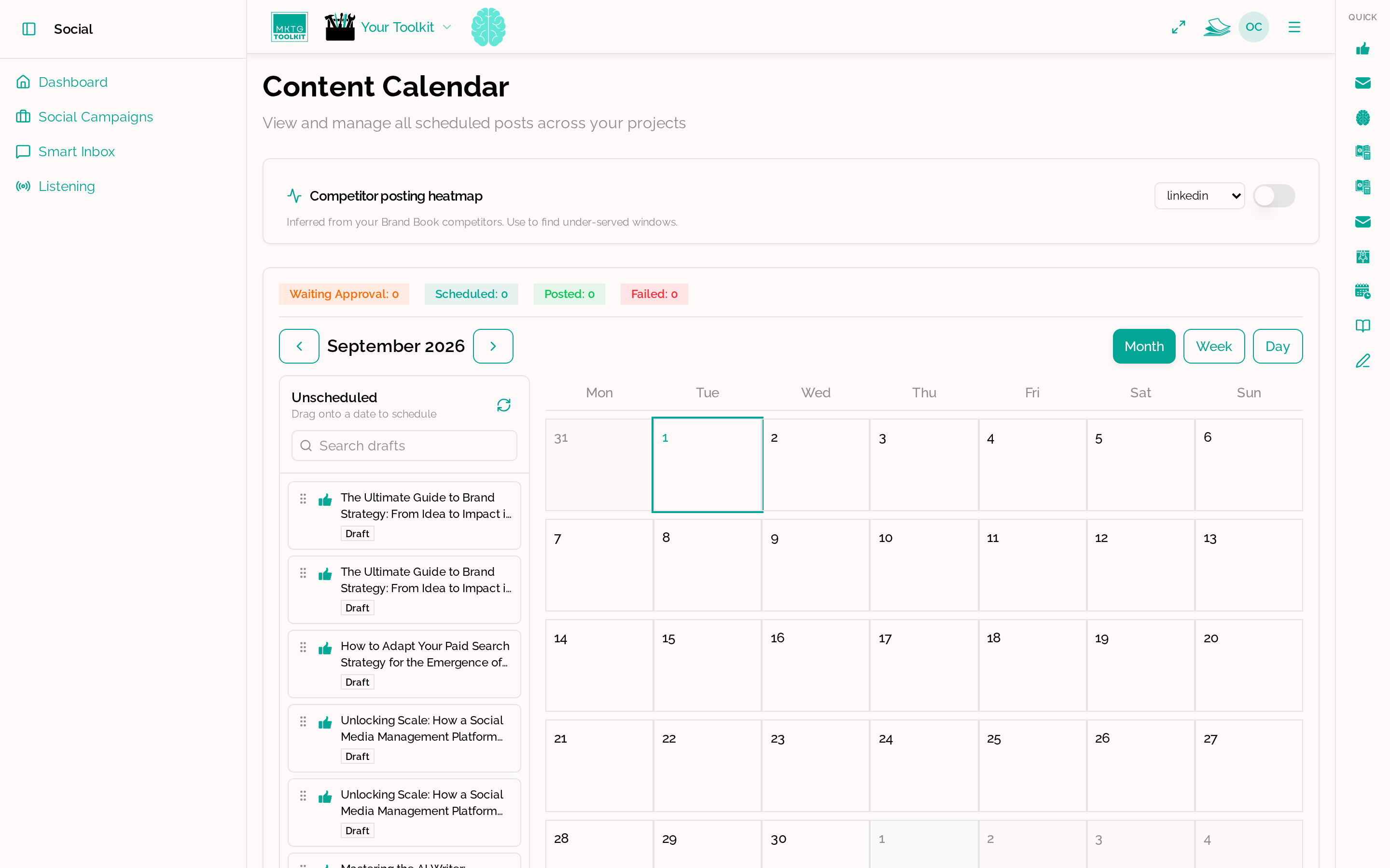 MKTGToolkit content calendar with unscheduled drafts on the left and a month grid, plus a competitor posting heatmap toggle