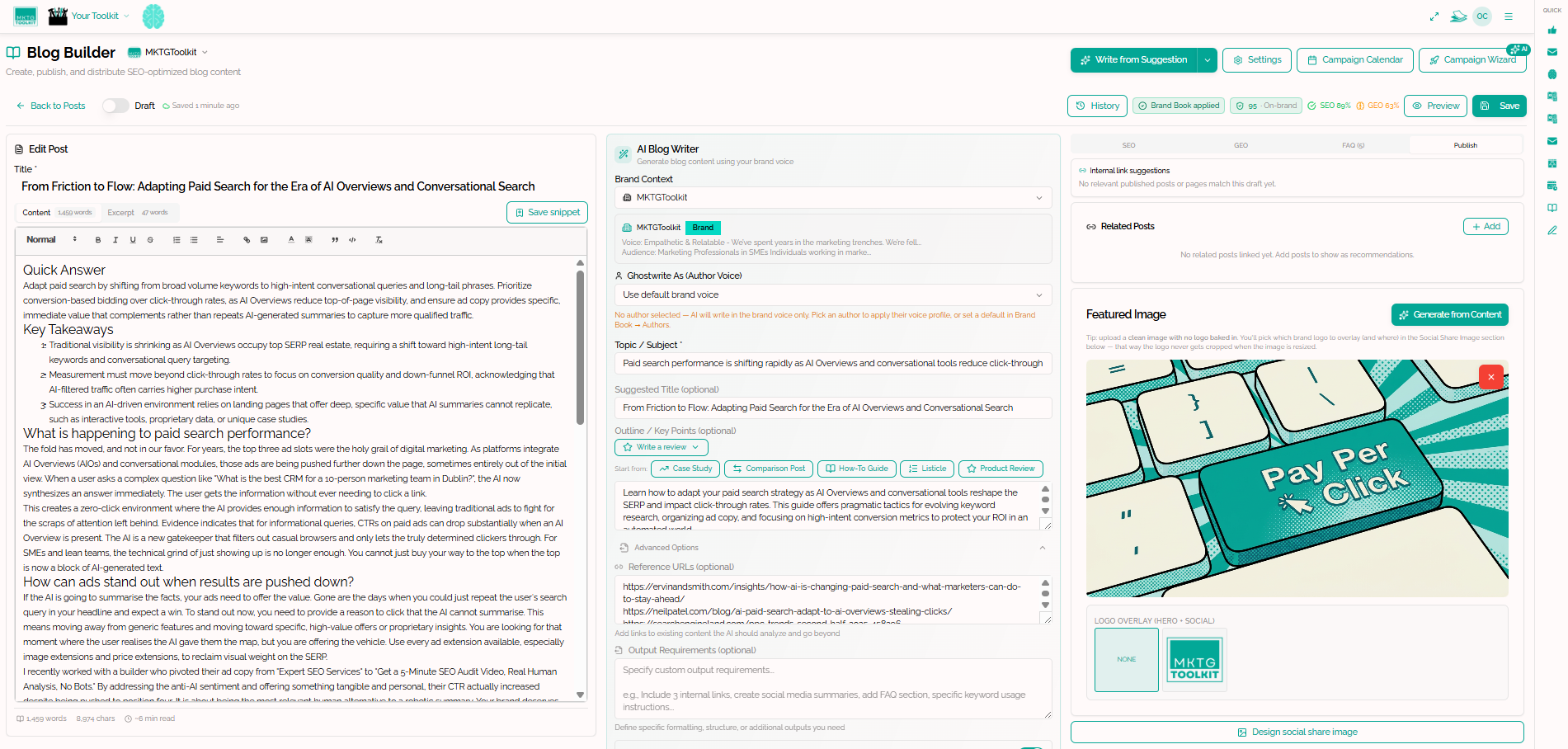 MKTGToolkit Blog Builder editor with the Publish tab open, showing internal link suggestions, related posts, the generated featured image and brand logo overlay options