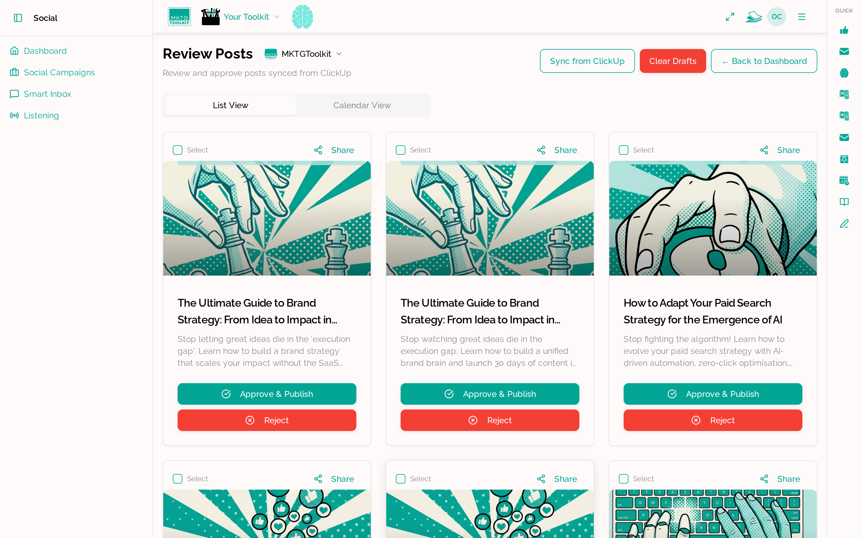 MKTGToolkit Social drafts list with per-channel platform badges and review status on each AI-generated post